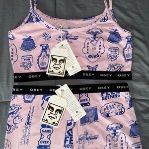 Obey Pink and Blue Graphic bra and biker shorts matching set
